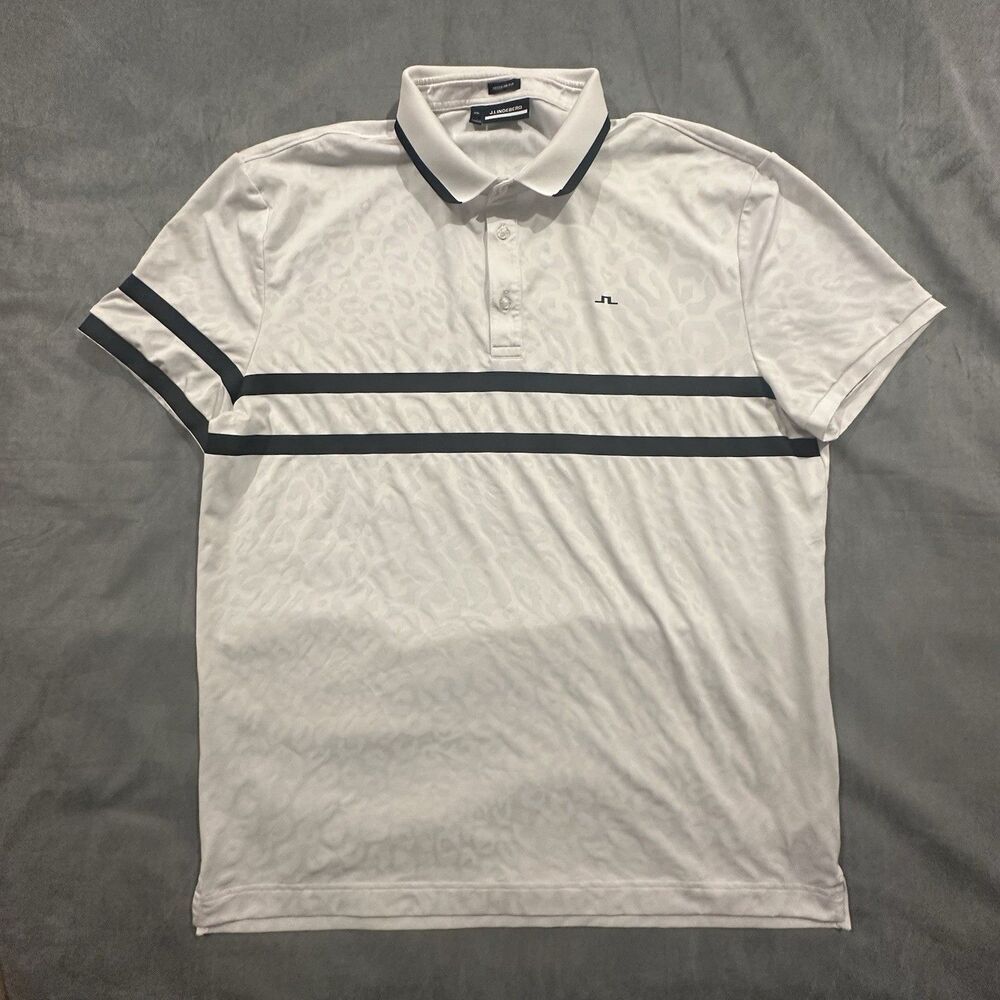 J Lindeberg Shirt Boswell Mens 2XL Jacquard Polo Leopard Print White Stripe Golf